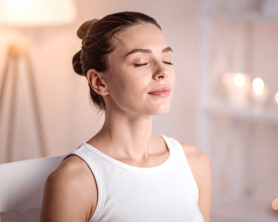 Mulher fazendo meditação para melhor a qualidade do sono, controle da ansieade e assim, um obtendo um pós-operatório de cirurgia plástica em Goiânia mais tranquilo.